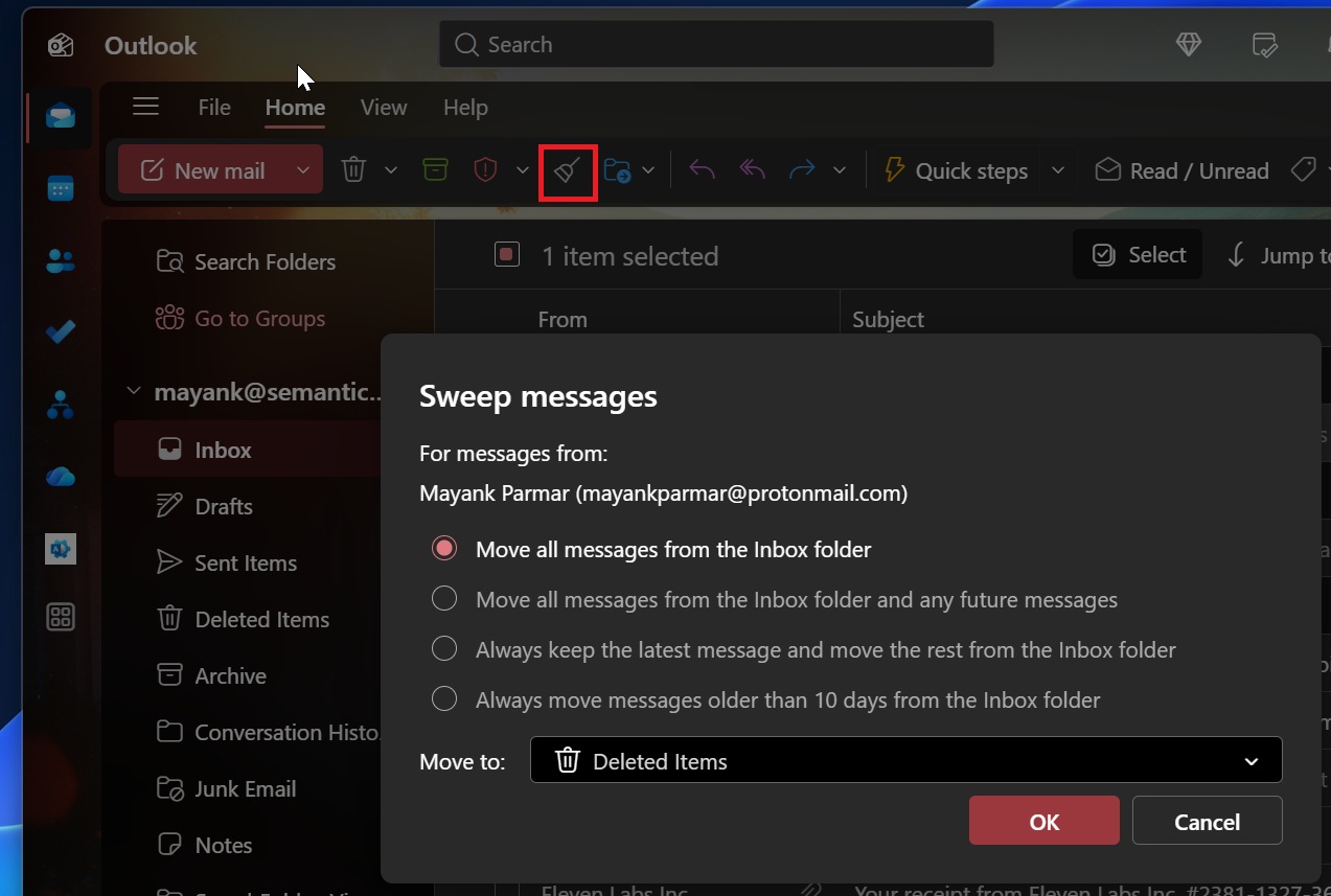Sweep feature in new Outlook