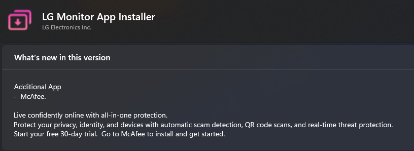LG Monitor App Installer 更新日志显示公司承认会安装 McAfee