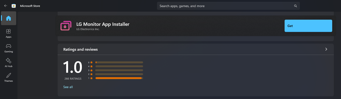 LG Monitor App Installer 现在在 Microsoft Store 里只有一星
