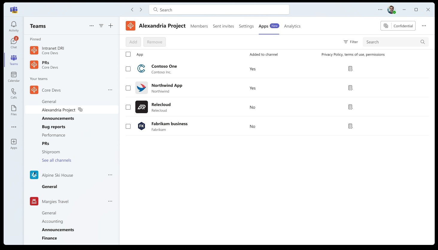 在 Microsoft Teams 频道中管理应用