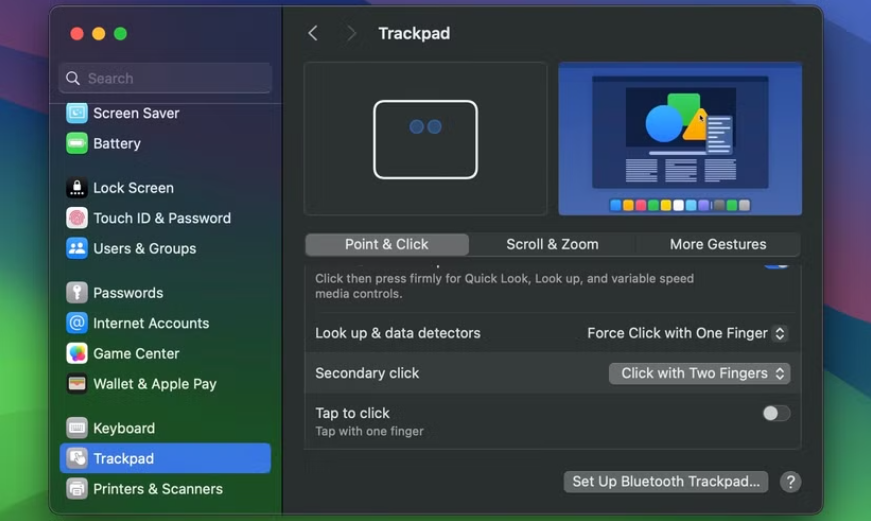 macOS touchpad settings (trackpad)