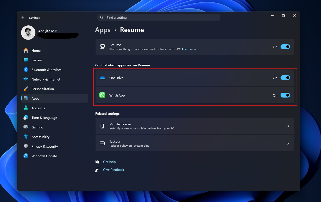 Resume feature in Windows 11