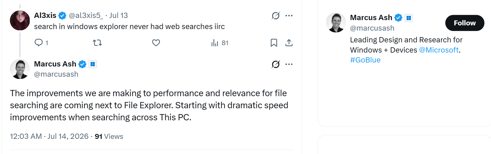 Marcus Ash says File Explorer search is getting faster