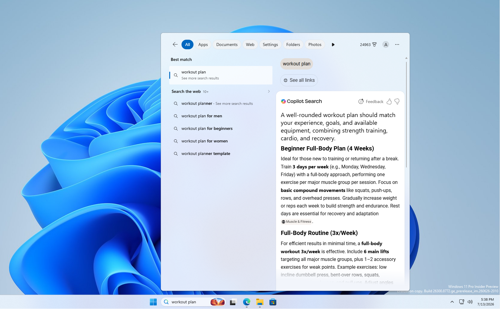 在新的 Windows Search 中搜索锻炼计划