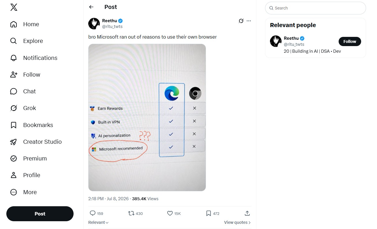 X post mentioning Microsoft ran out of reasons to use their browser