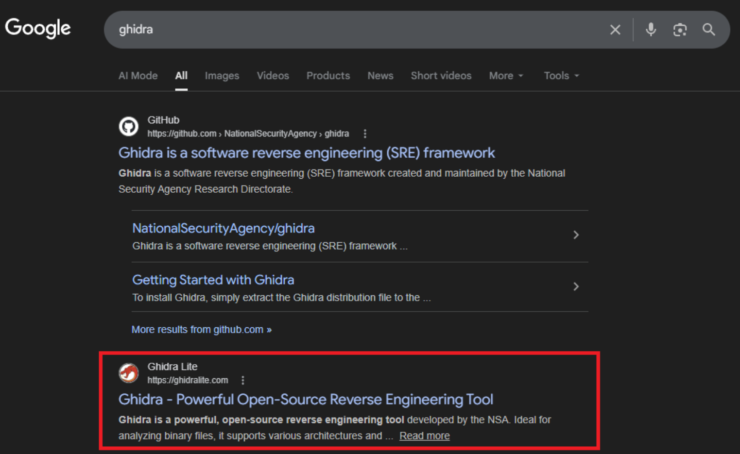 Fake Ghidra project website in Google search results