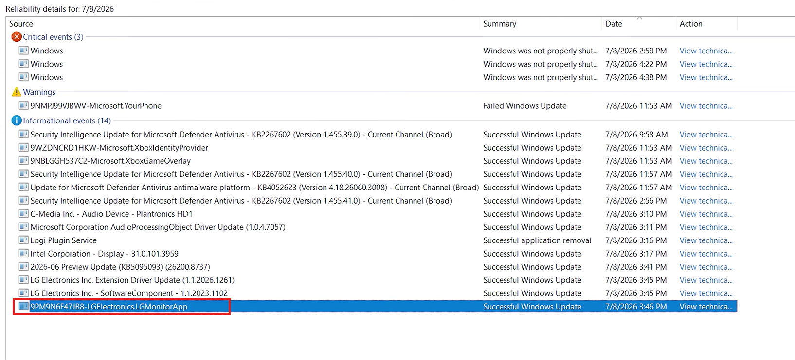Windows 可靠性监视器显示已安装 LG Monitor 应用
