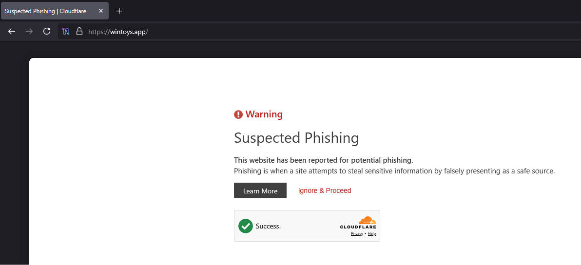 Cloudflare marked Wintools fake website as suspected phishing