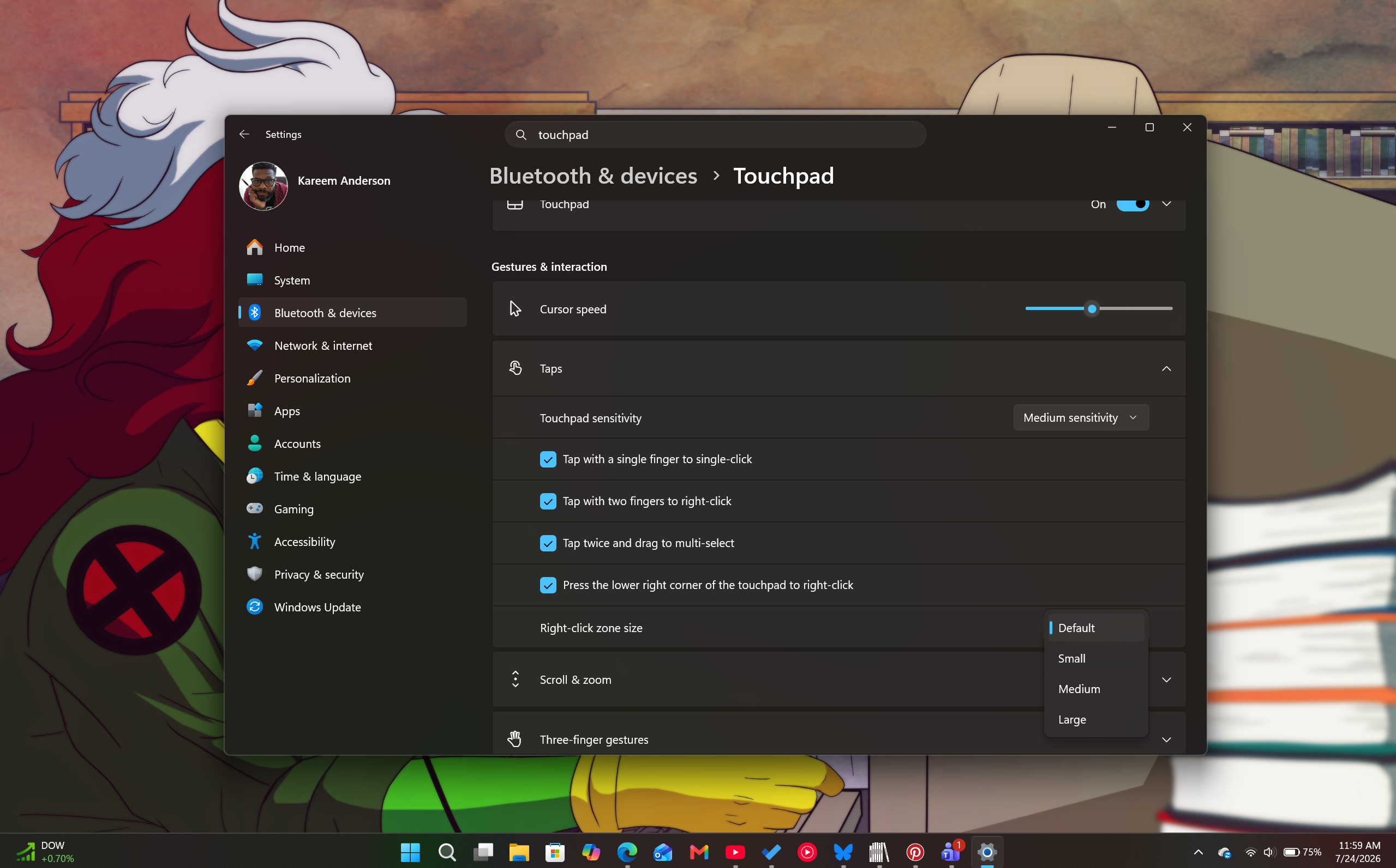 Windows 11 TouchPad shows new settings for right-click region