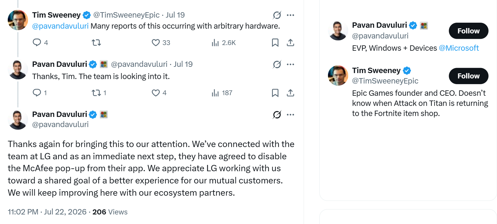 微软要求 LG 停止显示 McAfee 广告弹窗，而 LG 同意了