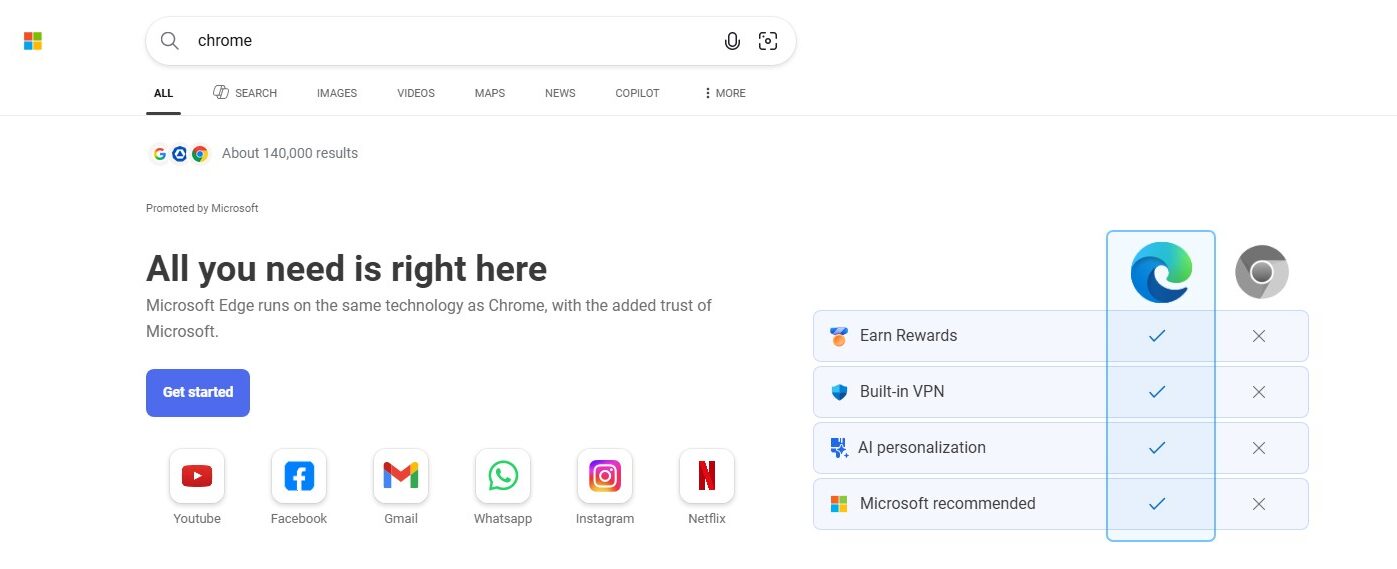 Searching Chrome in Bing
