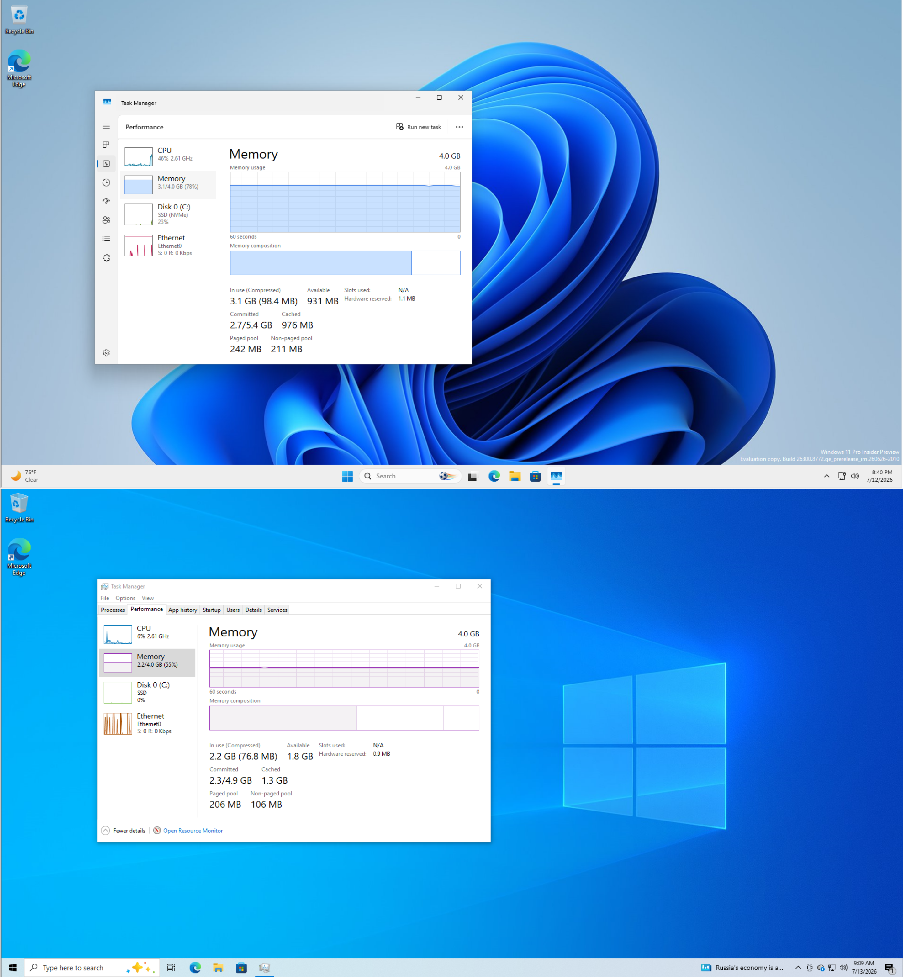 Windows 11 与 Windows 10 的内存占用对比