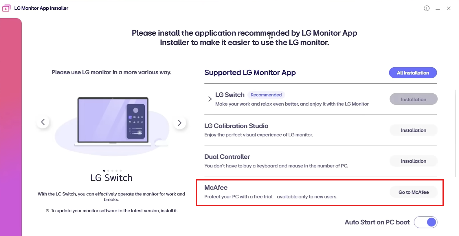 LG Monitor App Installer 显示 McAfee