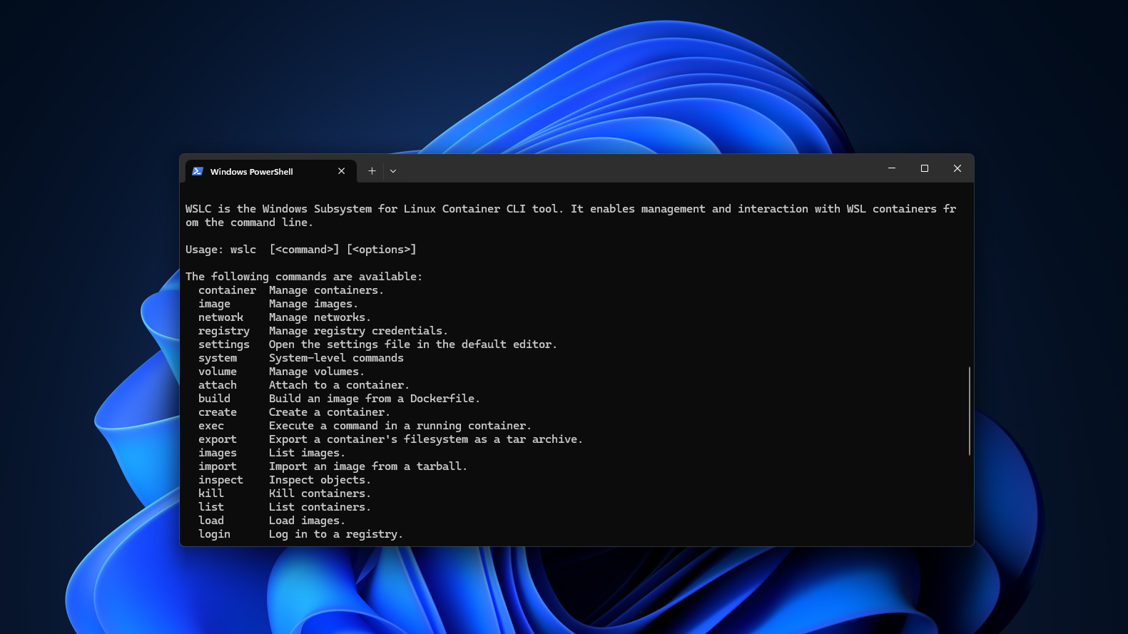 Running wslc in Windows 11