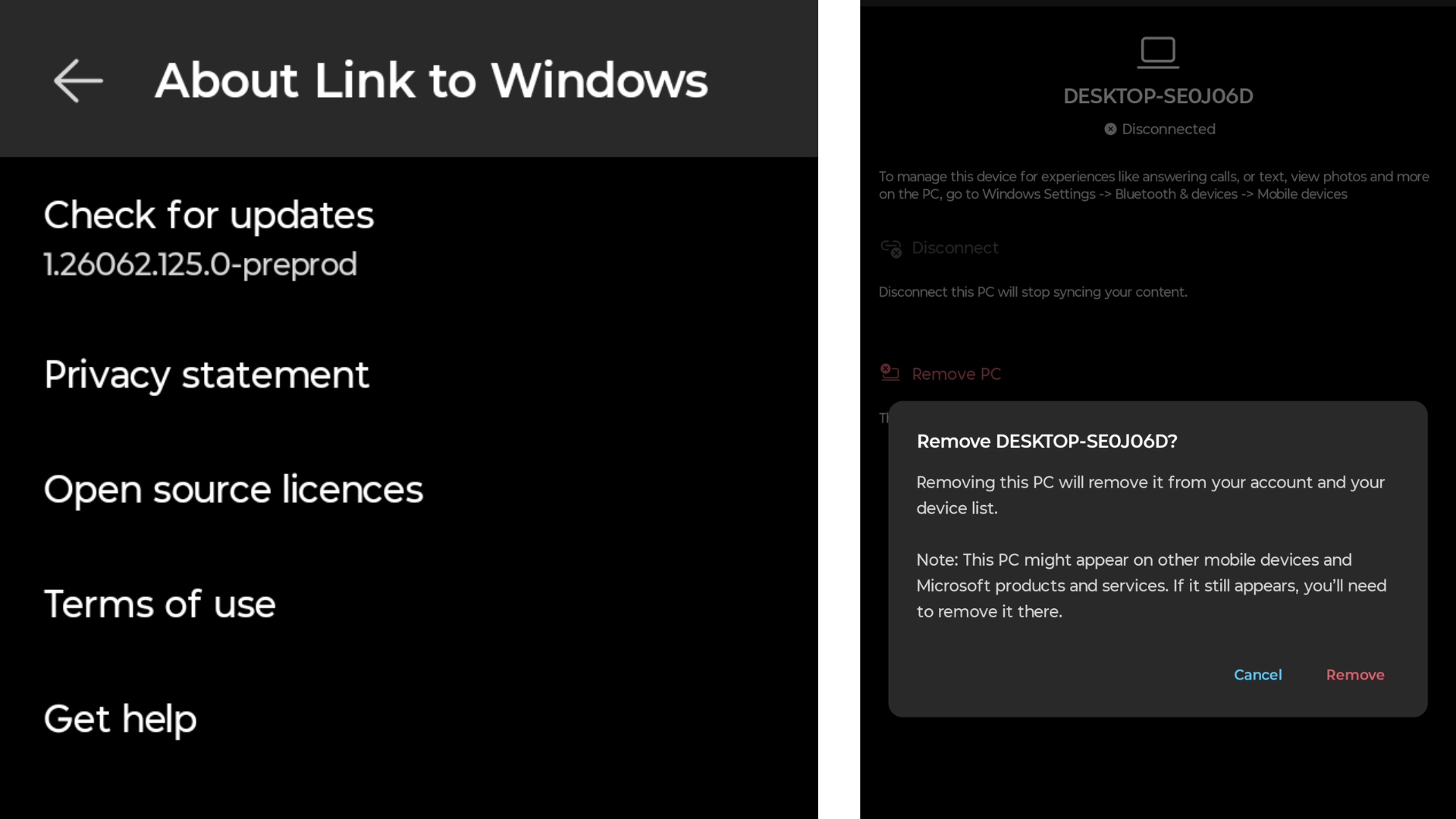 New option to remove PC from Link to Windows