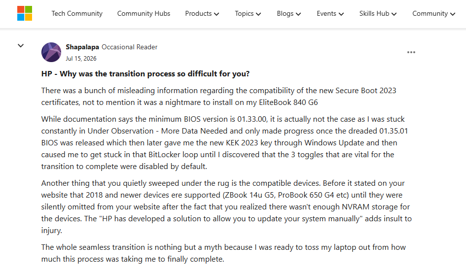User complaining about HP's misleading information regarding compatibility of new Secure Boot 2023 certificates