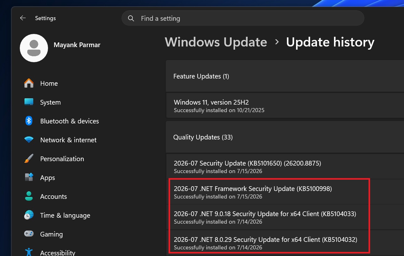 .NET Framework updates on Windows Update
