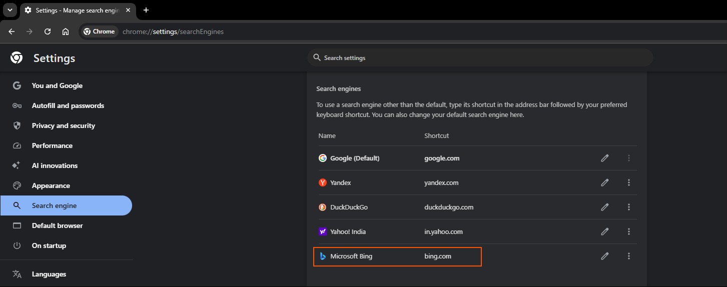 Selecting Bing in Chrome as default Search engine