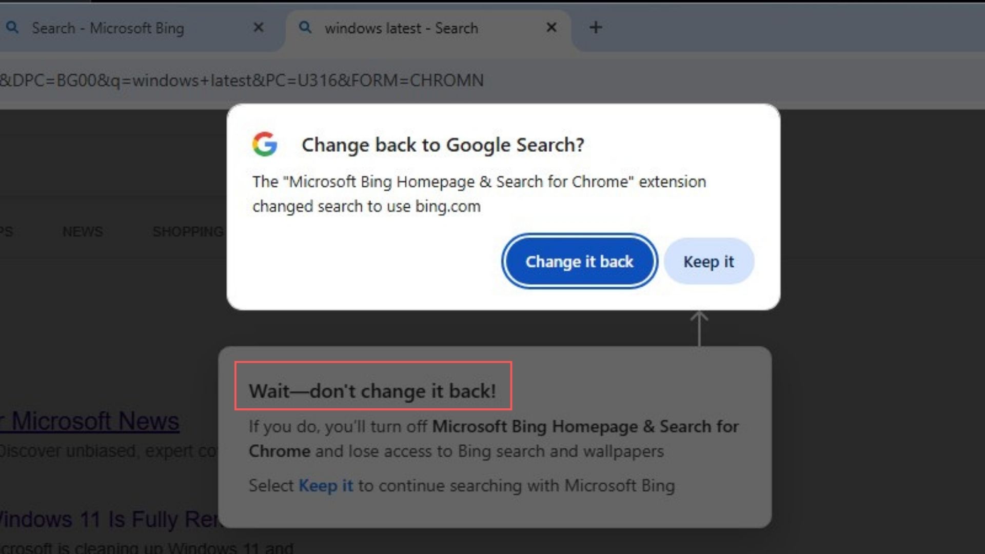 Microsoft's desperate prompt under Chrome's warning nudging users to continue the Bing path