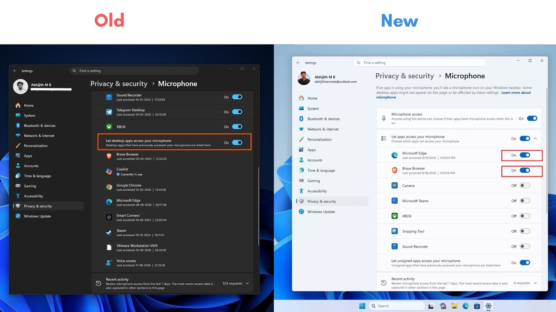 Comparison between old Privacy permissions page and new permission page