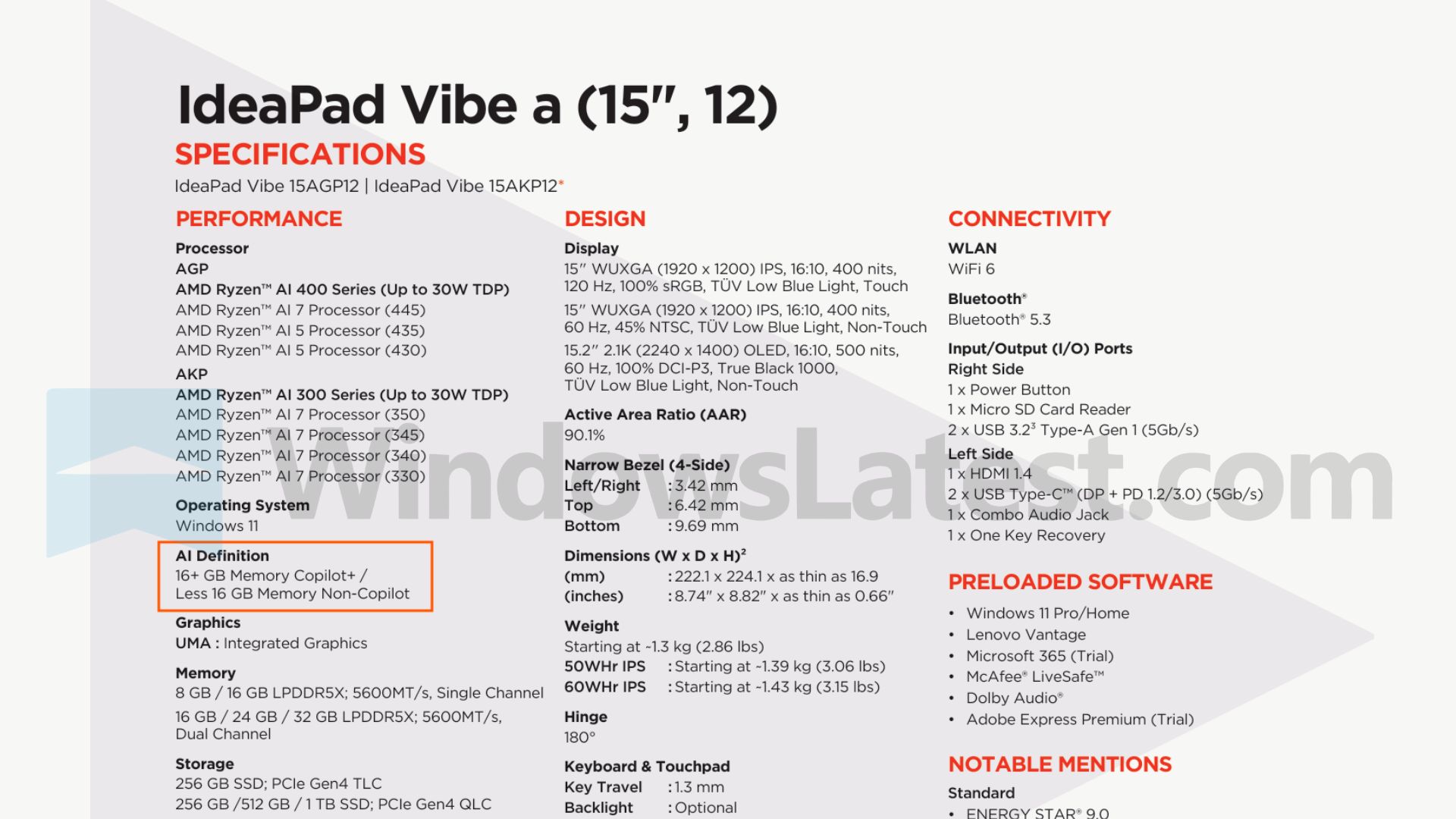Lenovo IdeaPad vibe spec sheet shows PCs with less than 16GB RAM is Non-Copilot