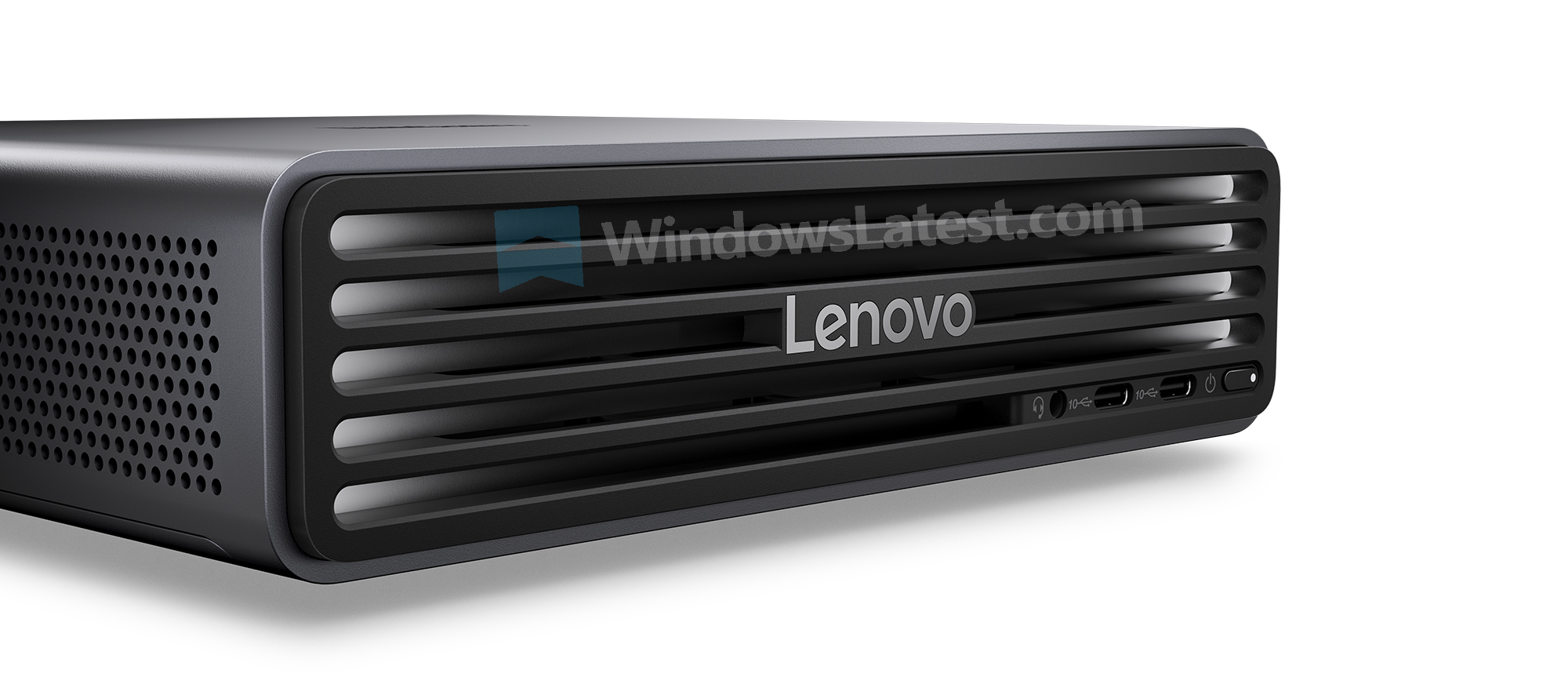 Lenovo ThinkCentre X Ultra desktop closeup showing LED lighting on the front grills