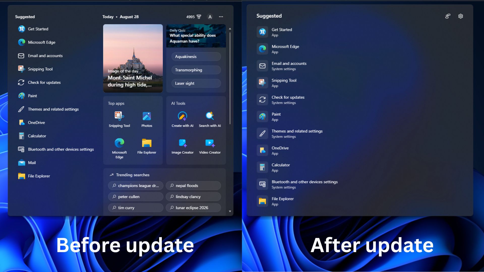 Windows 搜索在 8 月可选更新前后对比
