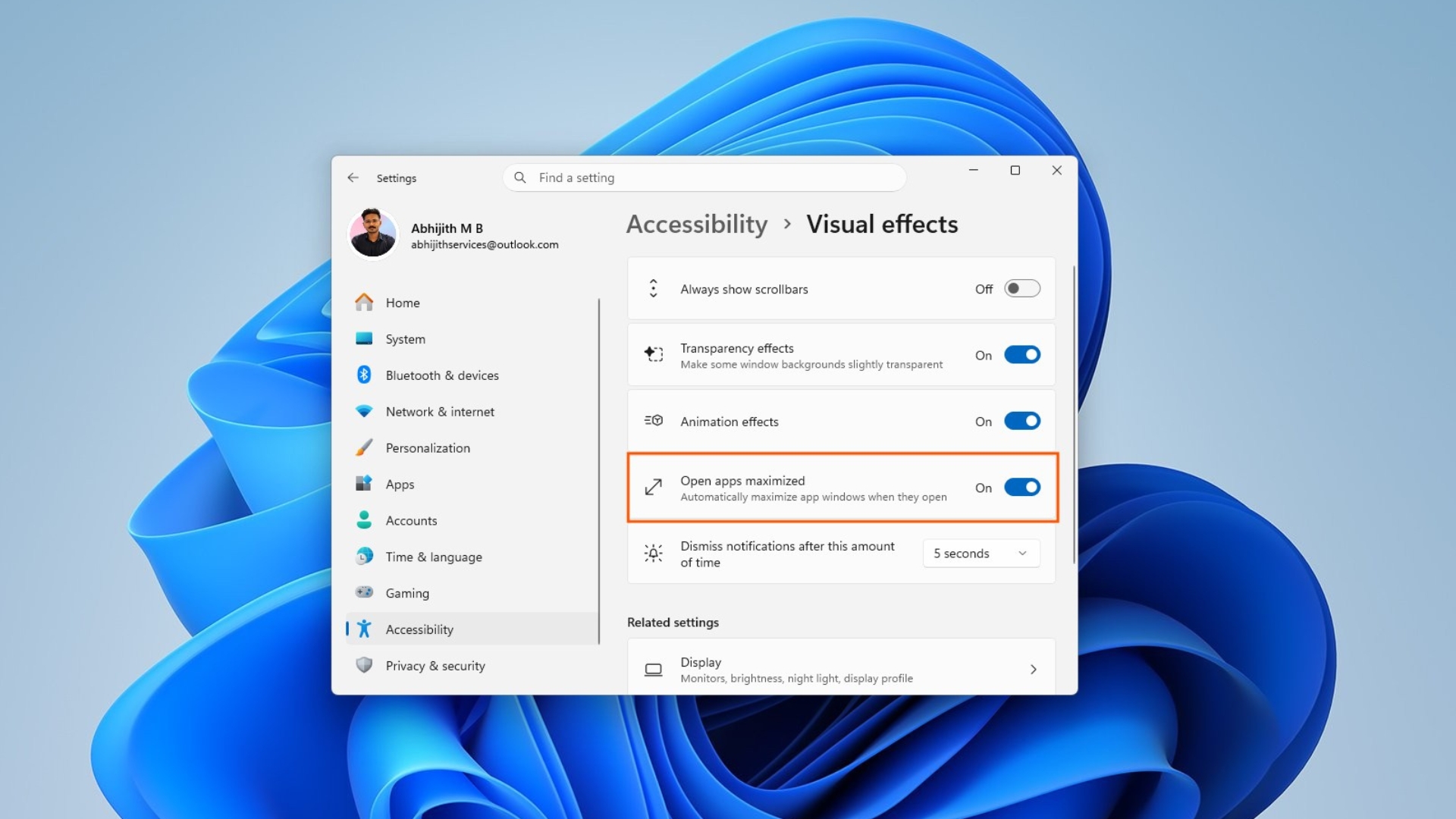 New Open apps maximized accessibility setting in Windows 11 Experimental Insider Build