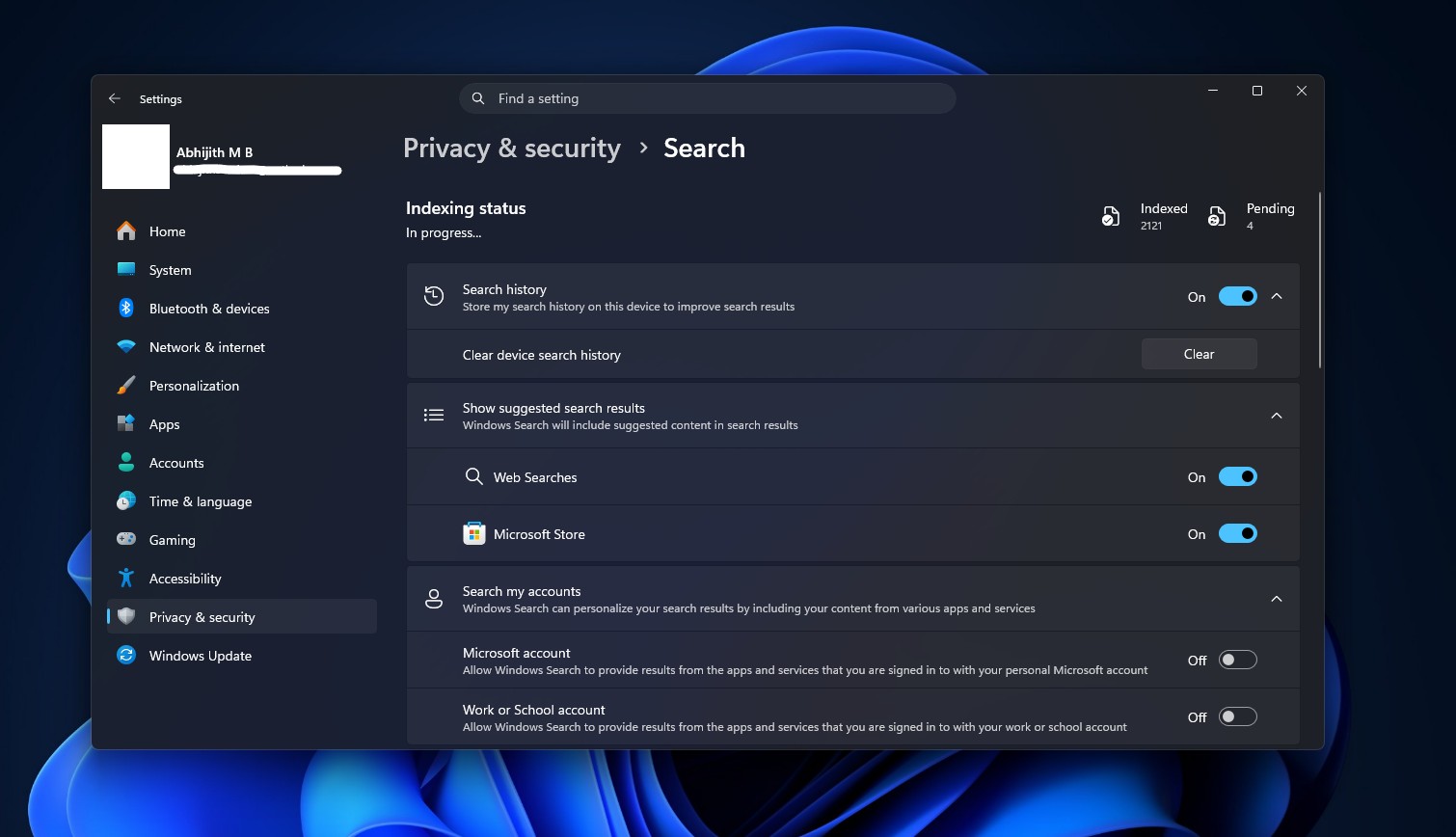 更新后的 Windows 搜索隐私和安全页面