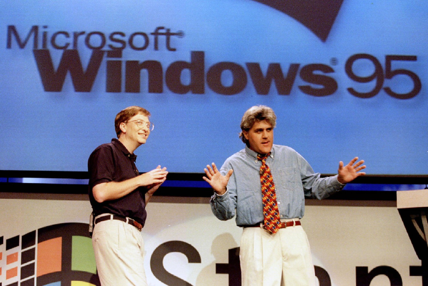 Bill Gates and Jay Leno during the launch of Windows 95