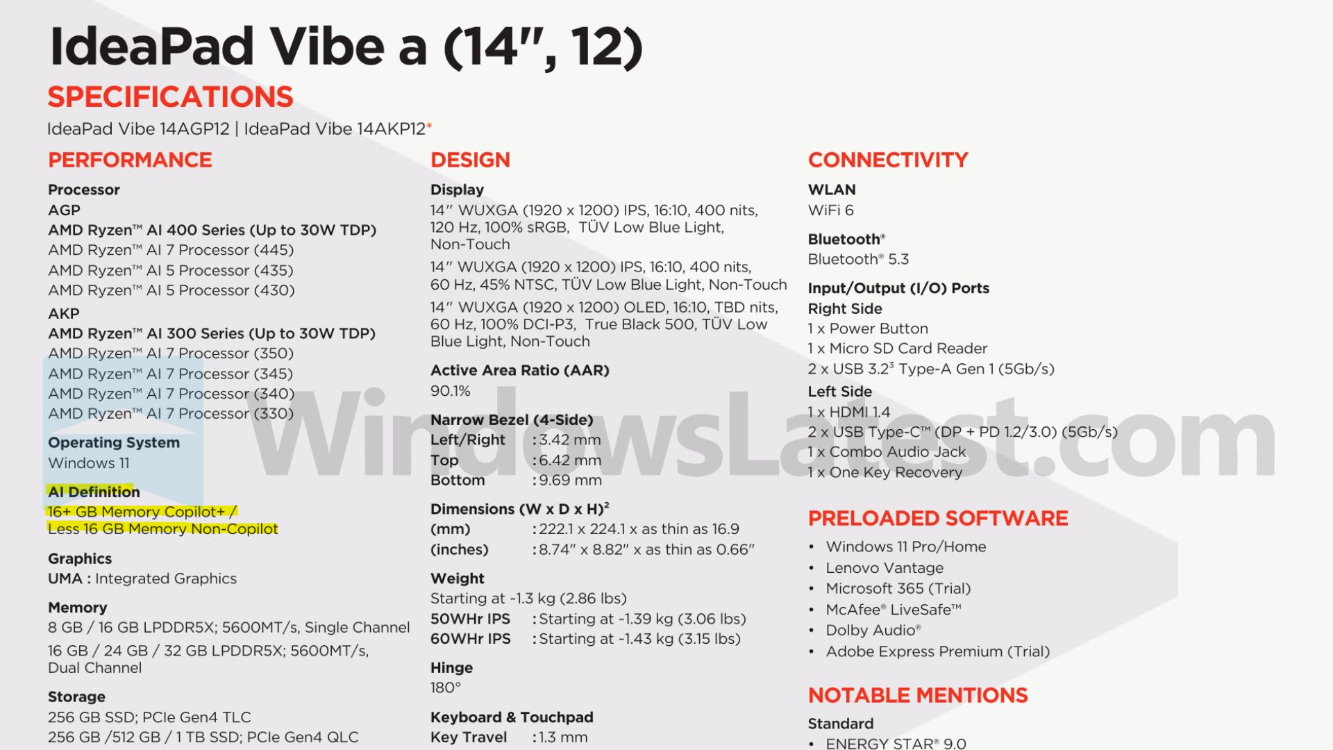 Lenovo IdeaPad Vibe specifications show AI definition that names 8GB laptops as Non-Copilot