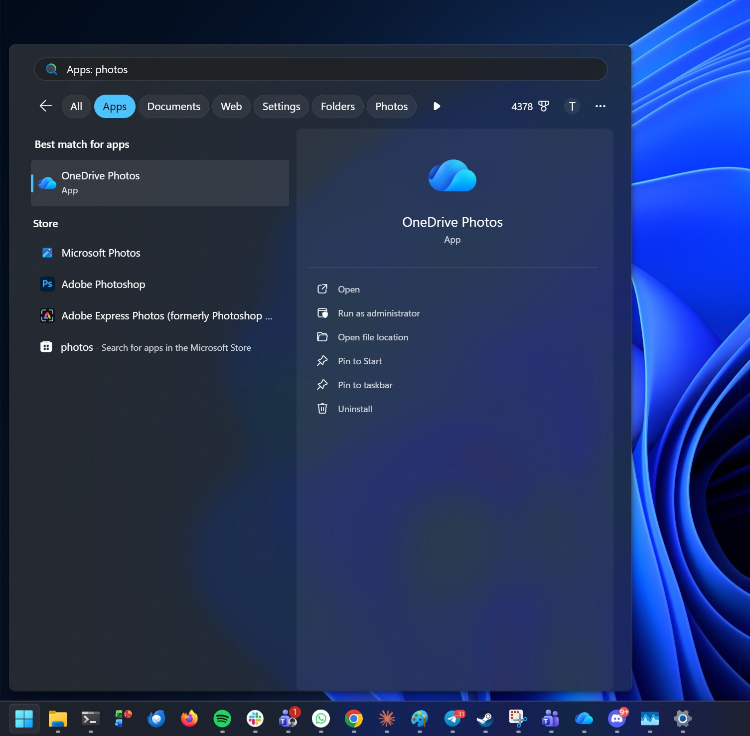 OneDrive Photos app in Windows Search results