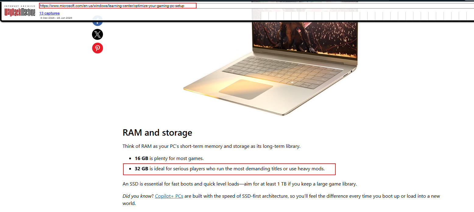 Microsoft deleted document that says 32 GB RAM is ideal for serious gamers