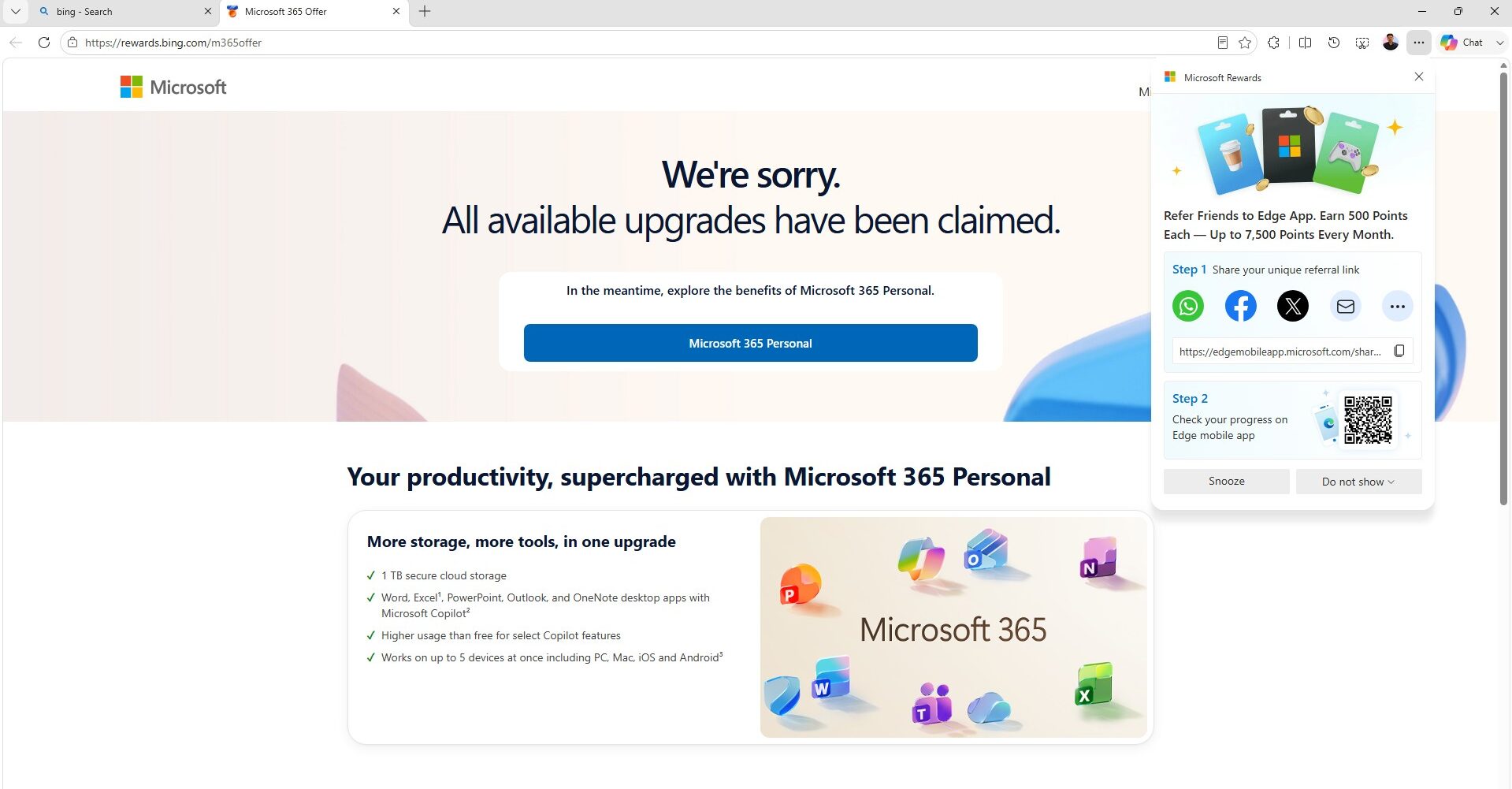 Clicking finish opens a Microsoft Rewards page