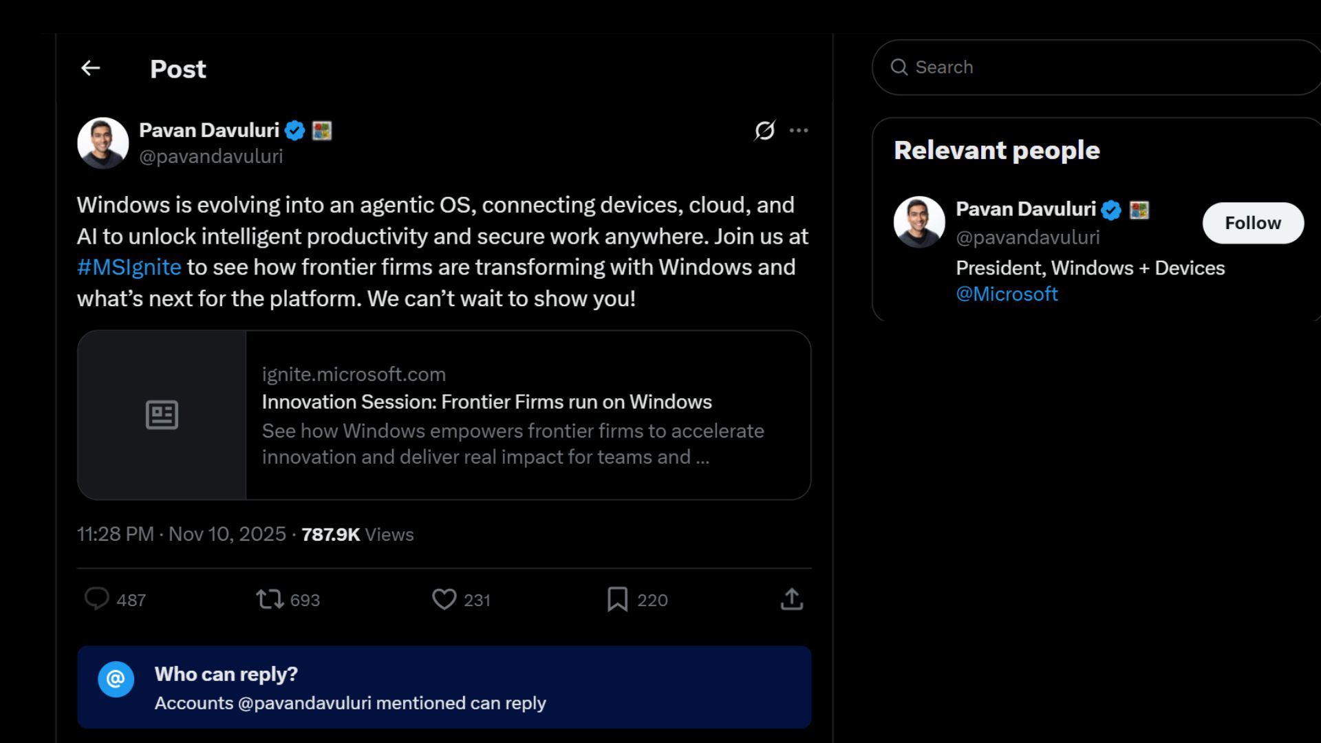 Windows 负责人 Pavan Davuluri 发布的关于 Windows 演变为智能代理操作系统的 X 帖文