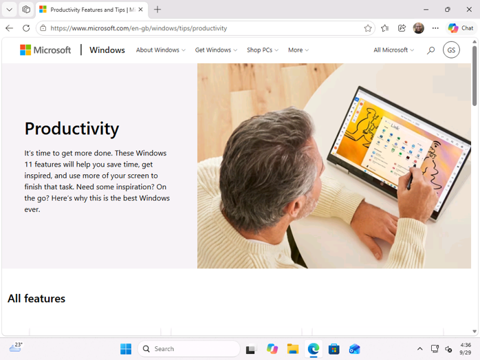 通过“技巧”小组件打开的 Microsoft“效率技巧”页面。 