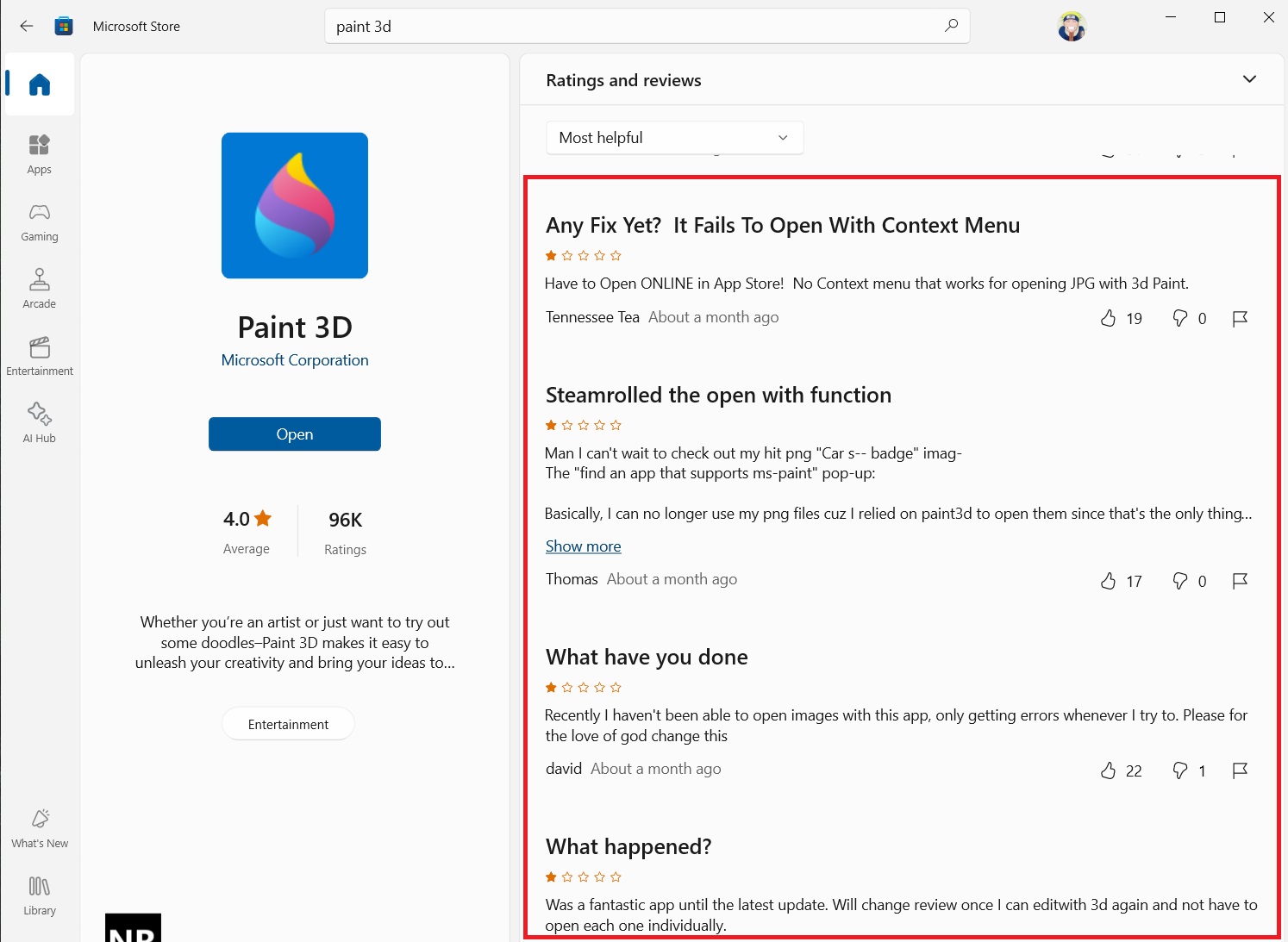 Paint 3D 不再出现在 Windows“打开方式”菜单后出现的负面评价