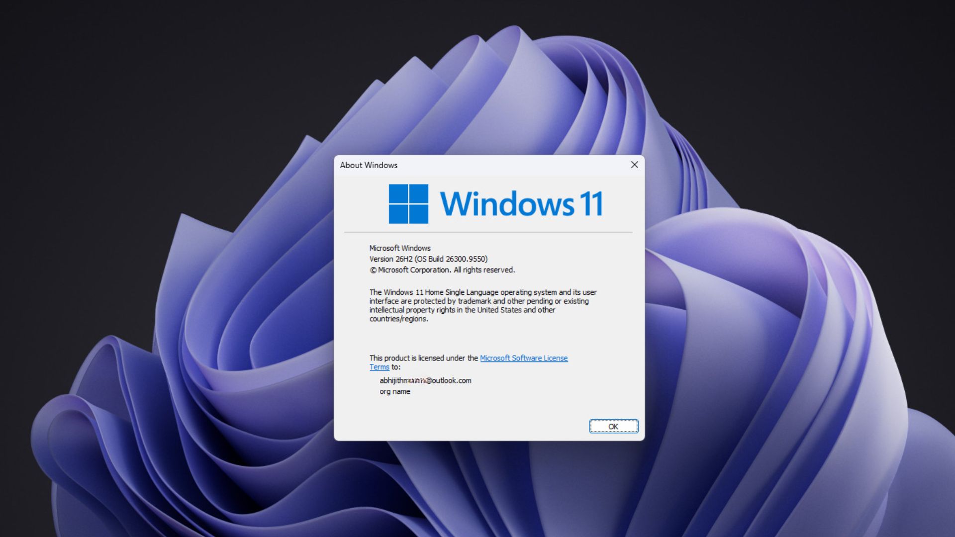 Windows 11 26H2，内部版本号 26300.9550