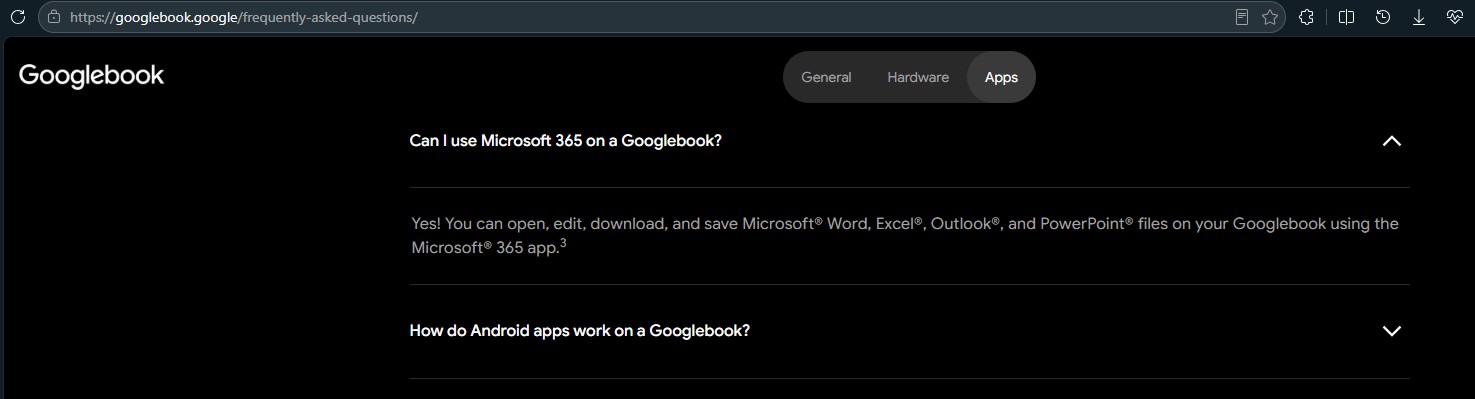 Googlebook常见问题提到Microsoft 365