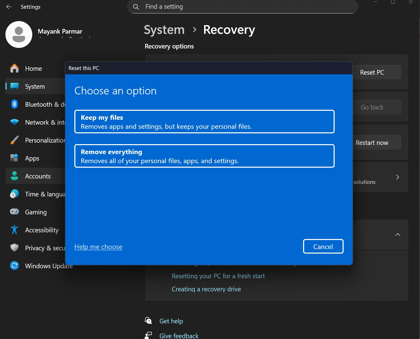 Windows 11 重置和恢复