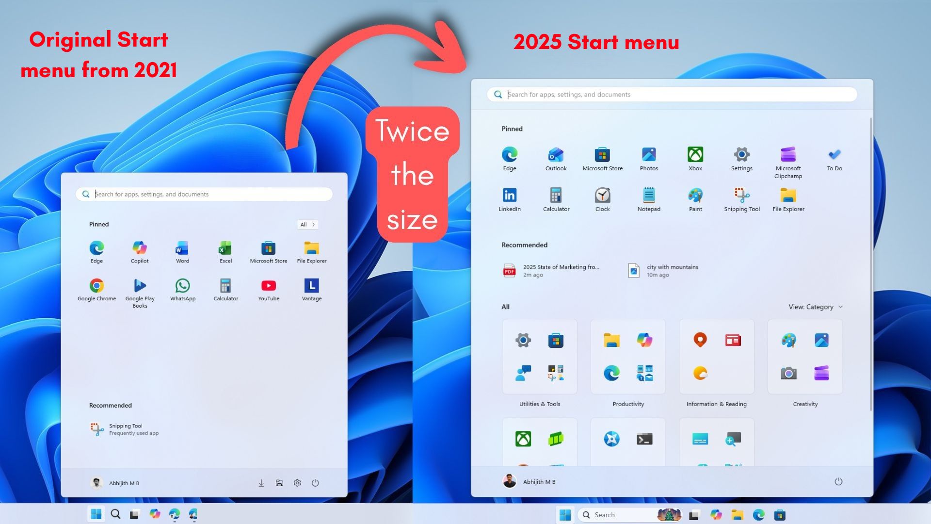 Windows 11开始菜单在2025年大幅增大