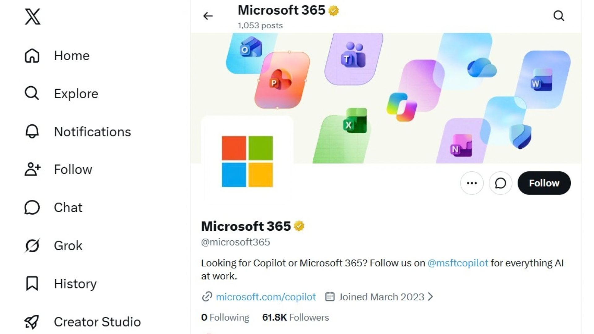 微软修改 Microsoft 365 X 账号简介,要求用户关注 MSFTCopilot