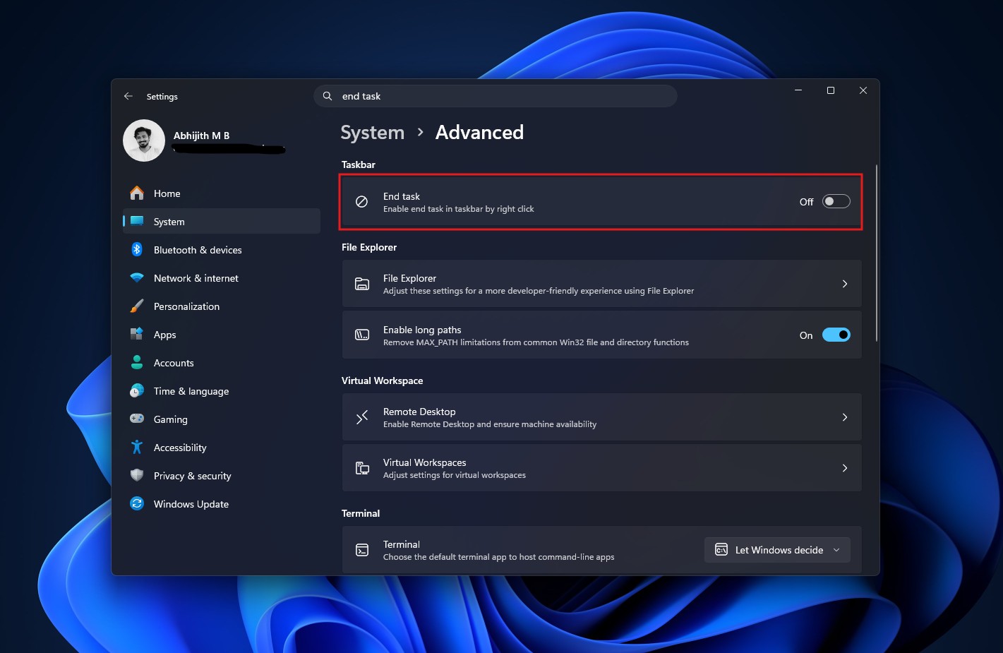 如何在 Windows 11 中开启结束任务功能