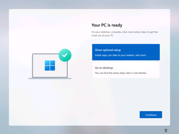 Windows 11 设置流程结束时全新的“电脑已准备就绪”界面。 