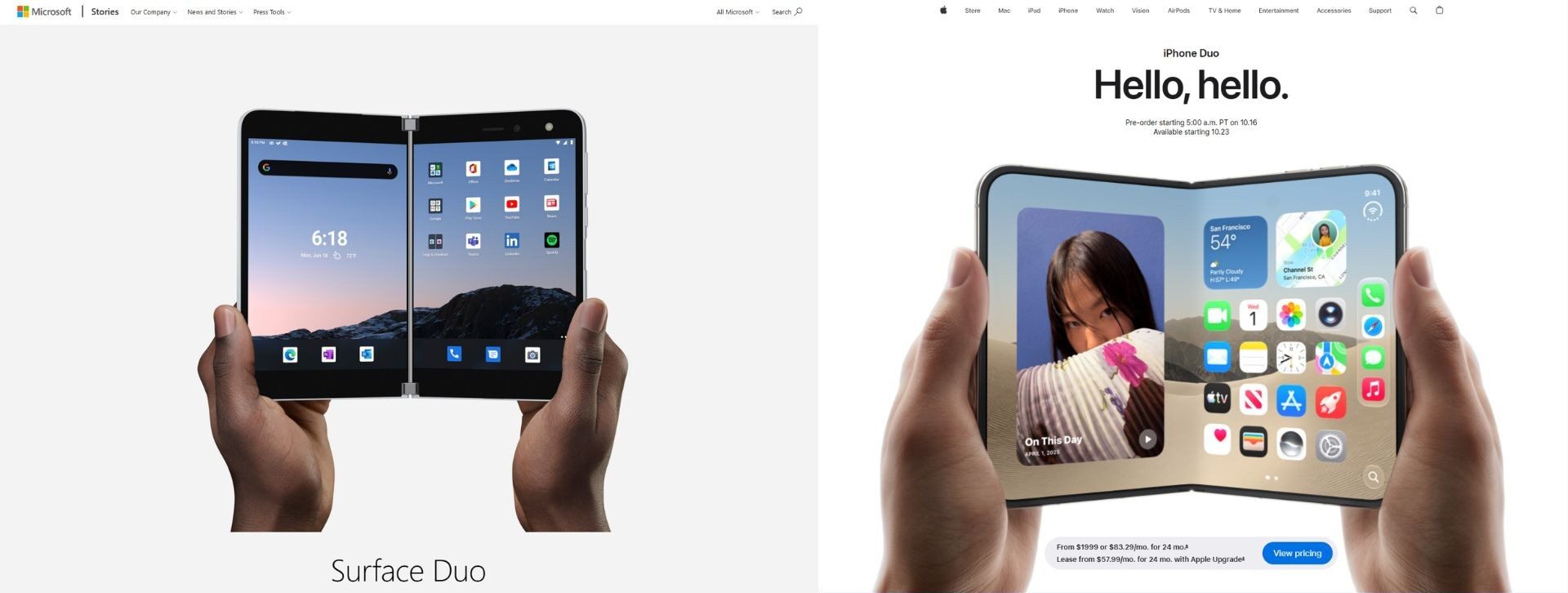 Surface Duo和iPhone Duo产品页面