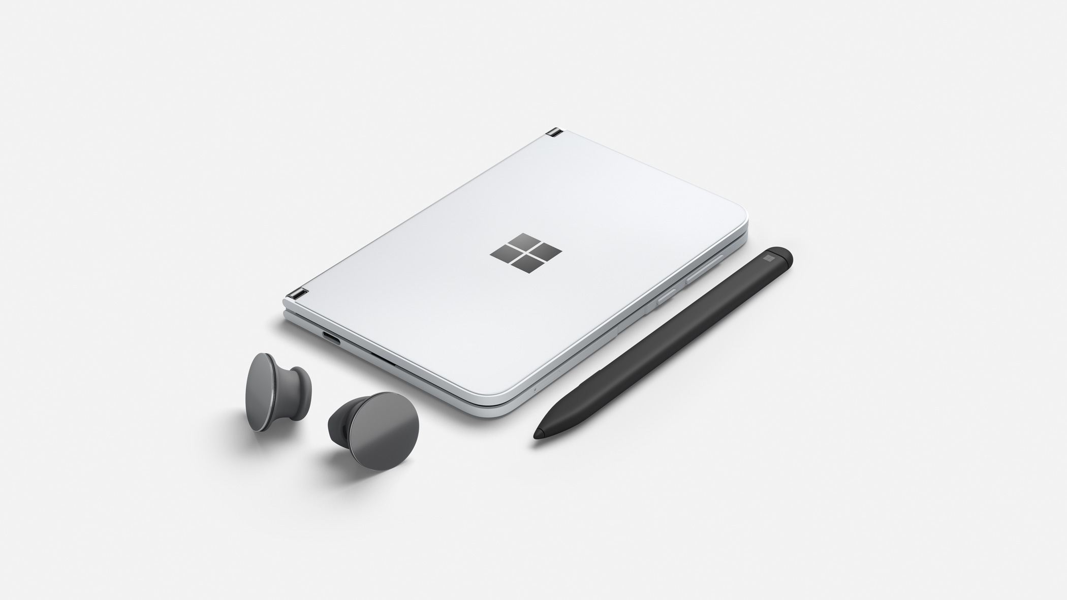 配备手写笔和Surface Earbuds的Surface Duo