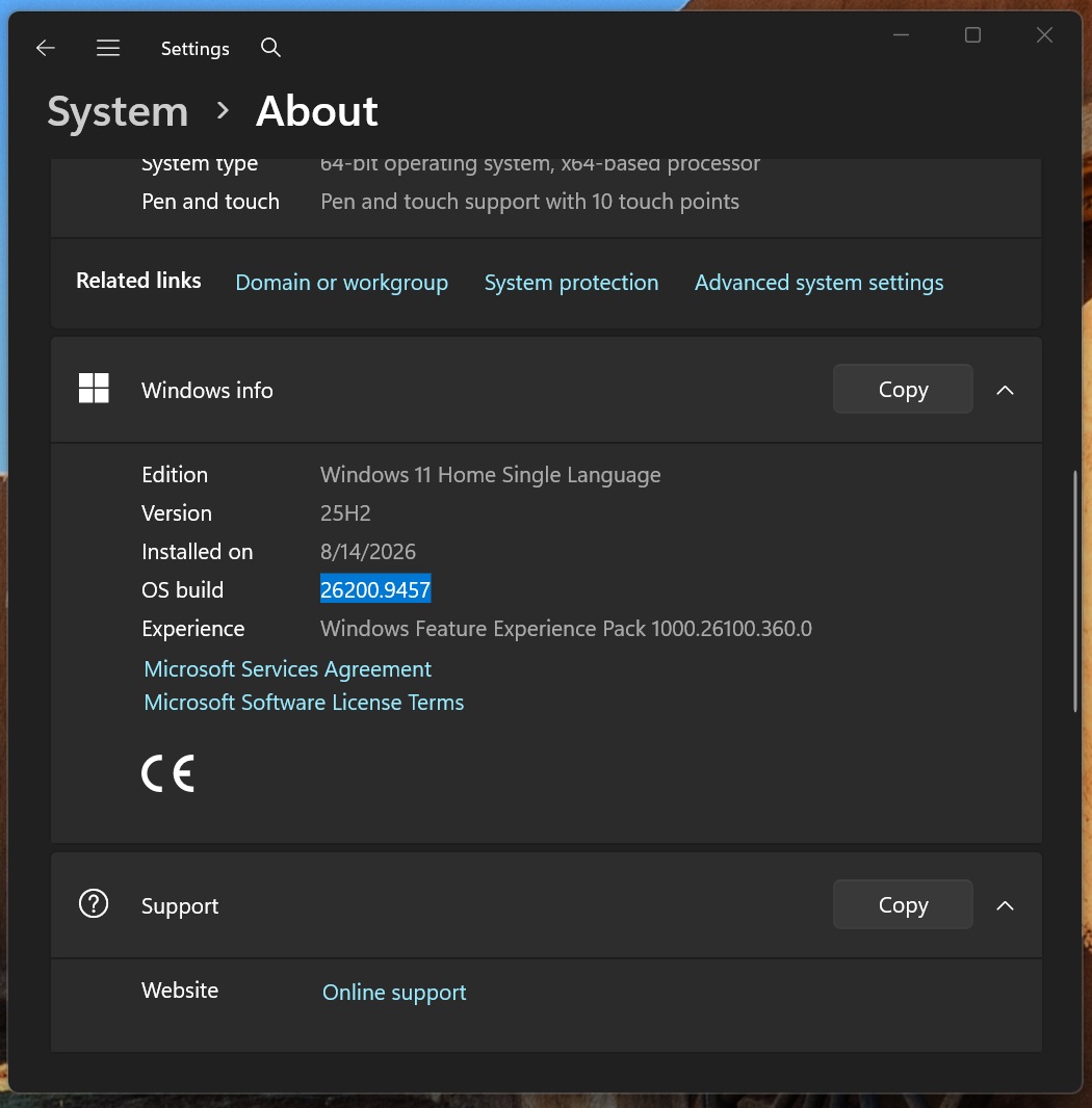 Windows 11 KB5129195 更新至内部版本 26200.9457
