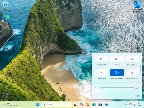 连接手机之前，Windows 11“快速设置”中的全新“移动设备”磁贴。 