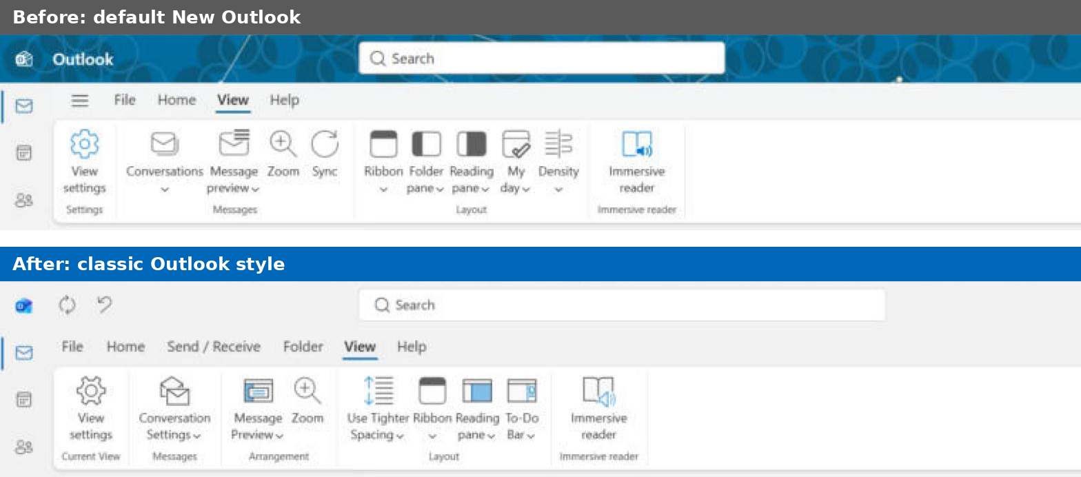 New Outlook classic style View tab comparison