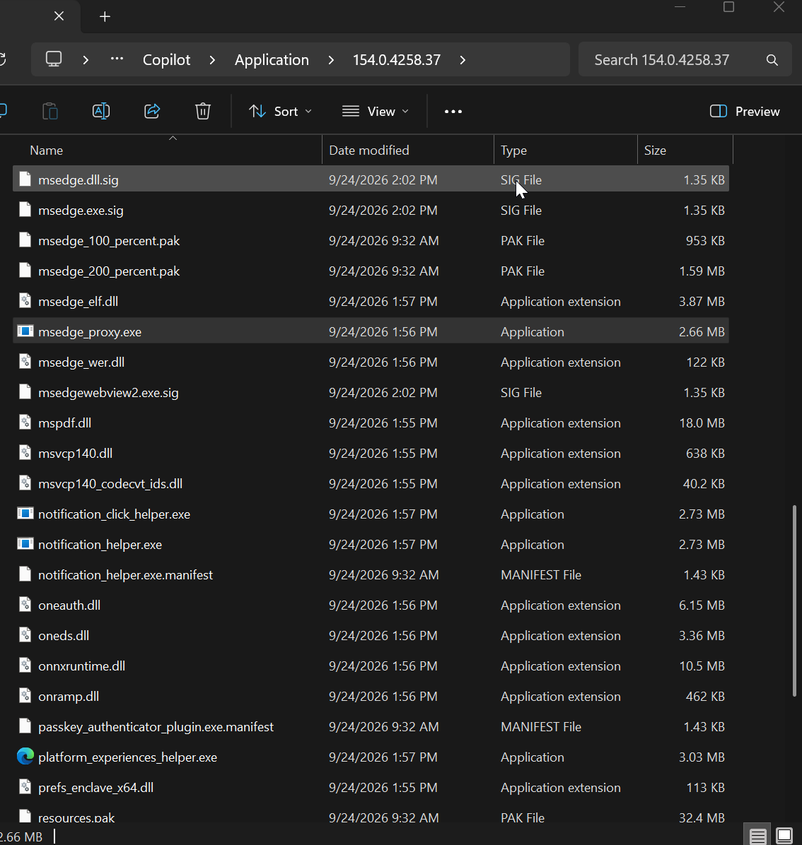 Copilot 软件包包含许多 Microsoft Edge 组件，包括 msedge_proxy.exe 和 Chromium 资源文件。